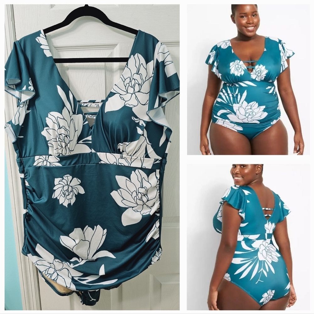 Lane Bryant Teal & White Floral One Piece Swimsuit sz 22